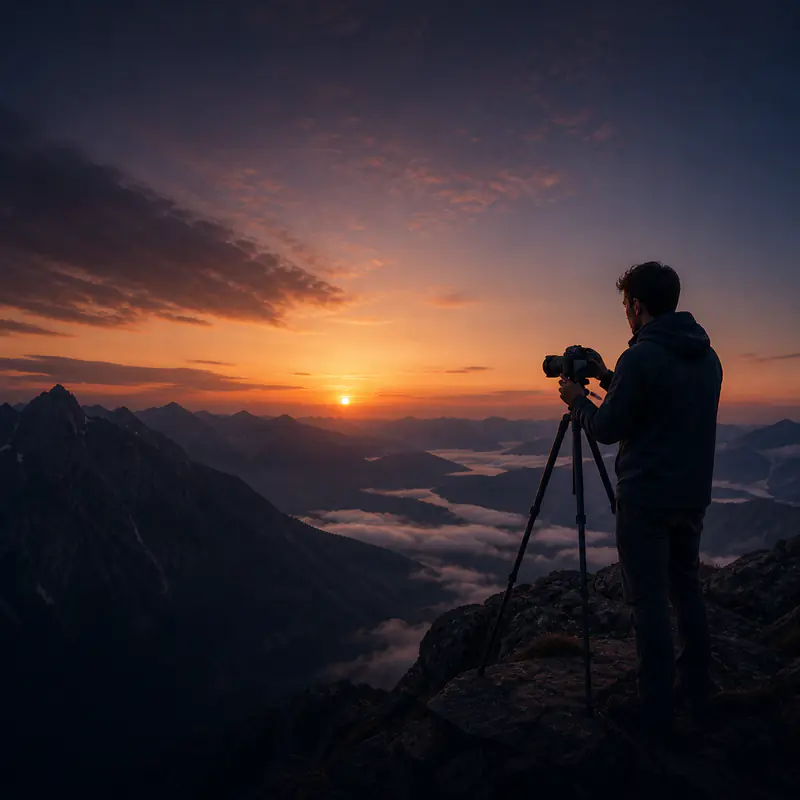 Fotógrafo con trípode y cámara apuntando al cielo durante un eclipse